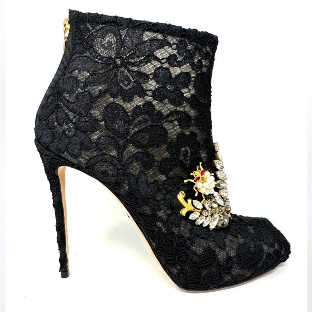 DOLCE & GABBANA Shoes Black Crystal Lace Booties Stilettos EU36.5/ US6 RRP $1800